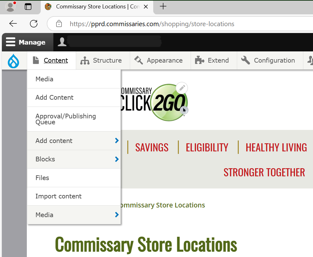 Demonstration of selecting "Content" -> "Add content"