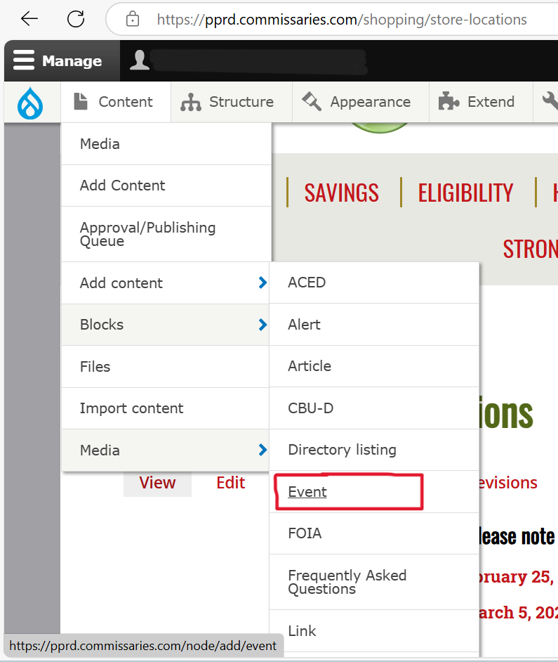Demonstration of selecting "Event" Under Content -> Add Content -> Event