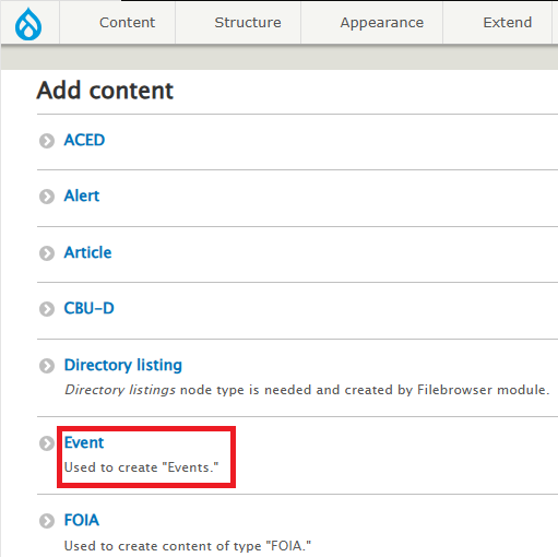 Demonstration of clicking on event from list of content types to add