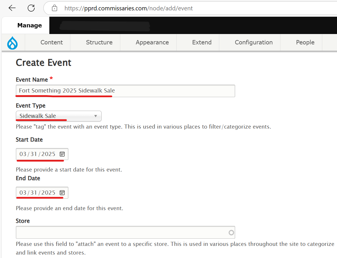 Demonstration of filling out form fields for new Event