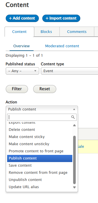 demonstration of changing an item to published