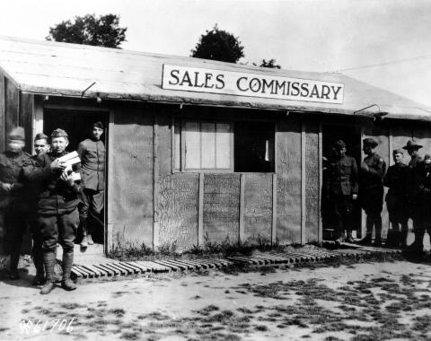 American soldiers in France frequent a sales commissary in 1918 during World War I. Thumbnail