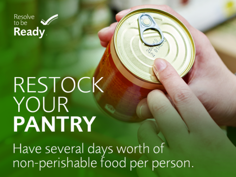hands holding a can of food with text that reads restock your pantry