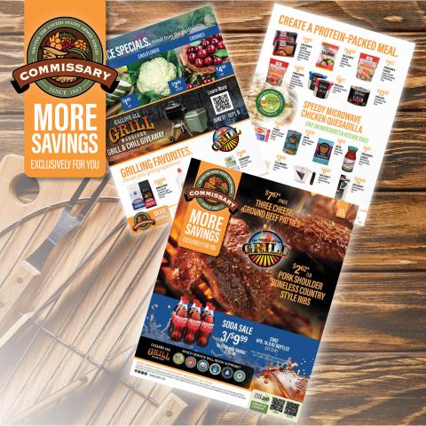Graphic of pages in the Commissary sales flyer for July 15-28