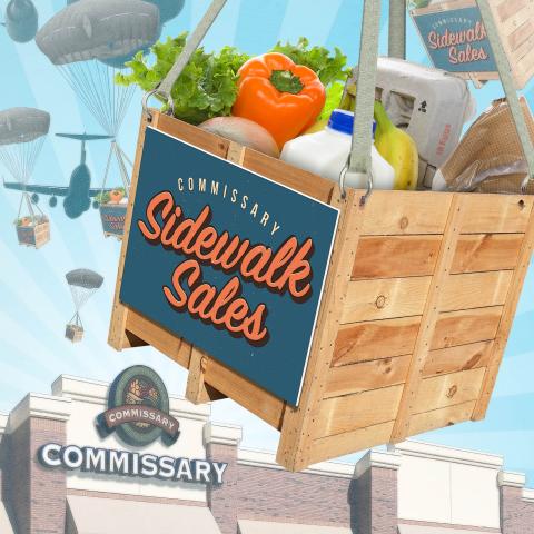 graphic of groceries in a crate being air dropped at a commissary store 