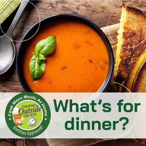 bowl of tomato soup with text that asks what's for dinner
