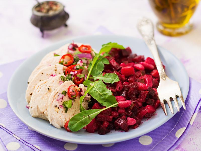 Lemon Pepper Chicken Breasts with Braised Beets and Beans Thumbnail